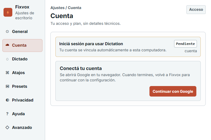 Fixvox account settings showing Google sign-in before dictation